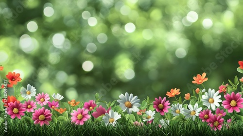 Colorful flowers blooming in a sunny garden filled with greenery and soft bokeh