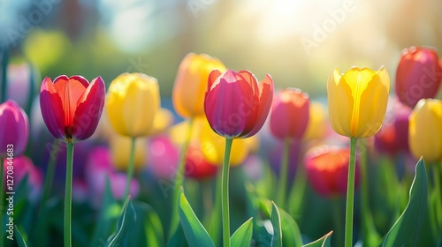 Vibrant tulip garden flourishing in spring sunlight