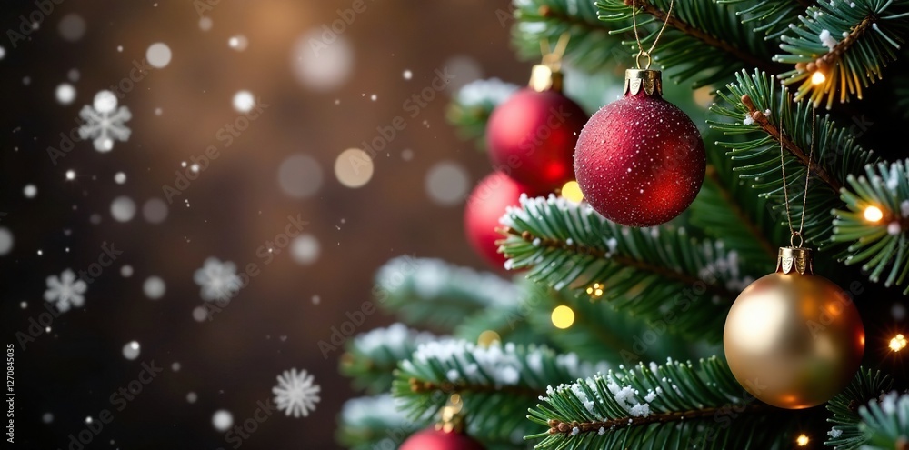 Sparkling snowflakes gently fall on the Christmas tree branches, festive, holiday, presents Sparkling snowflakes gently fall on the Christmas tree branches, festive, holiday, presents