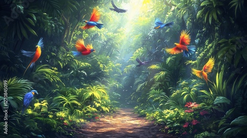 Colorful birds flying over a serene forest path surrounded by lush greenery a...