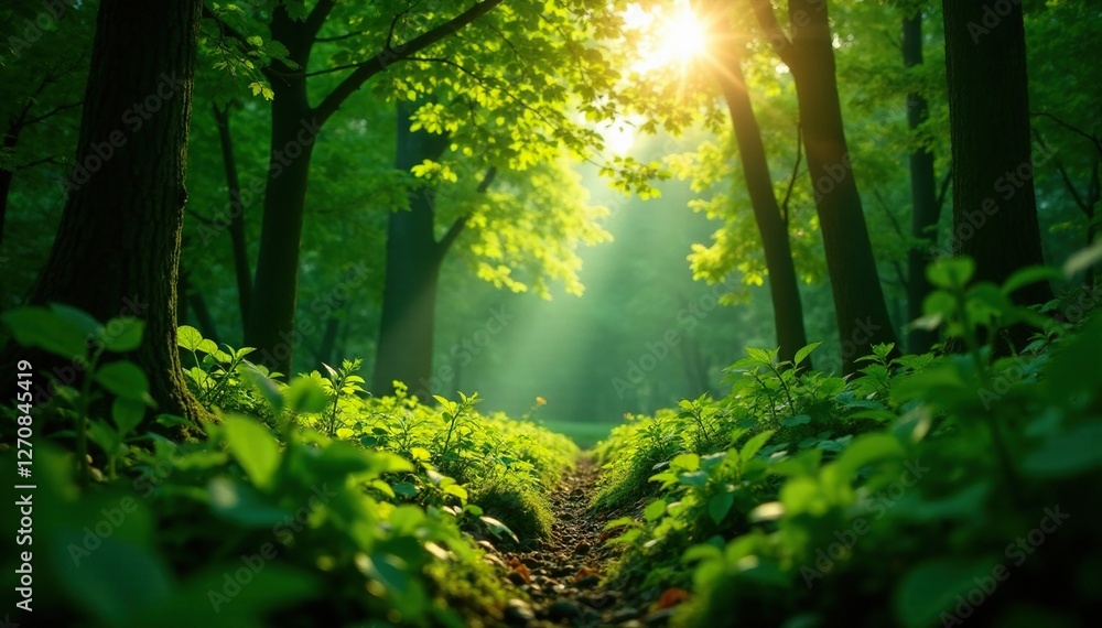 Fototapeta premium Dense foliage with sunlight filtering through, sunlight filtering, , woodland plants