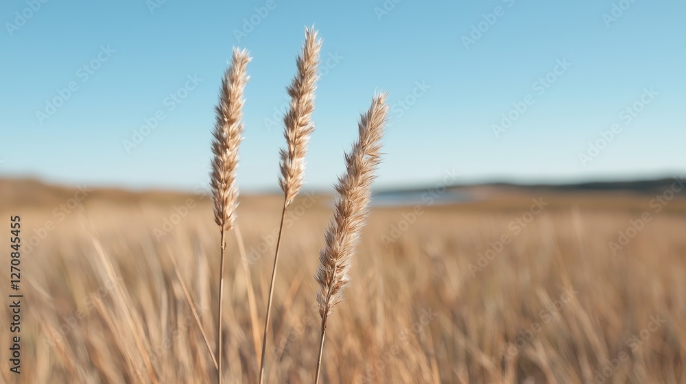 Fototapeta premium Golden wheat field, lake background, autumn harvest, nature