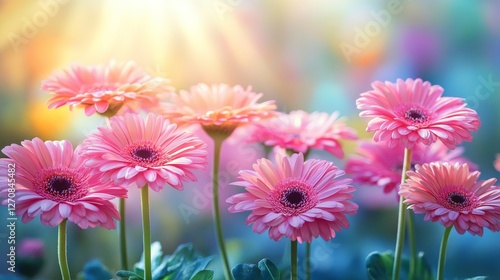 Beautiful pink flowers blooming in a garden during golden hour light