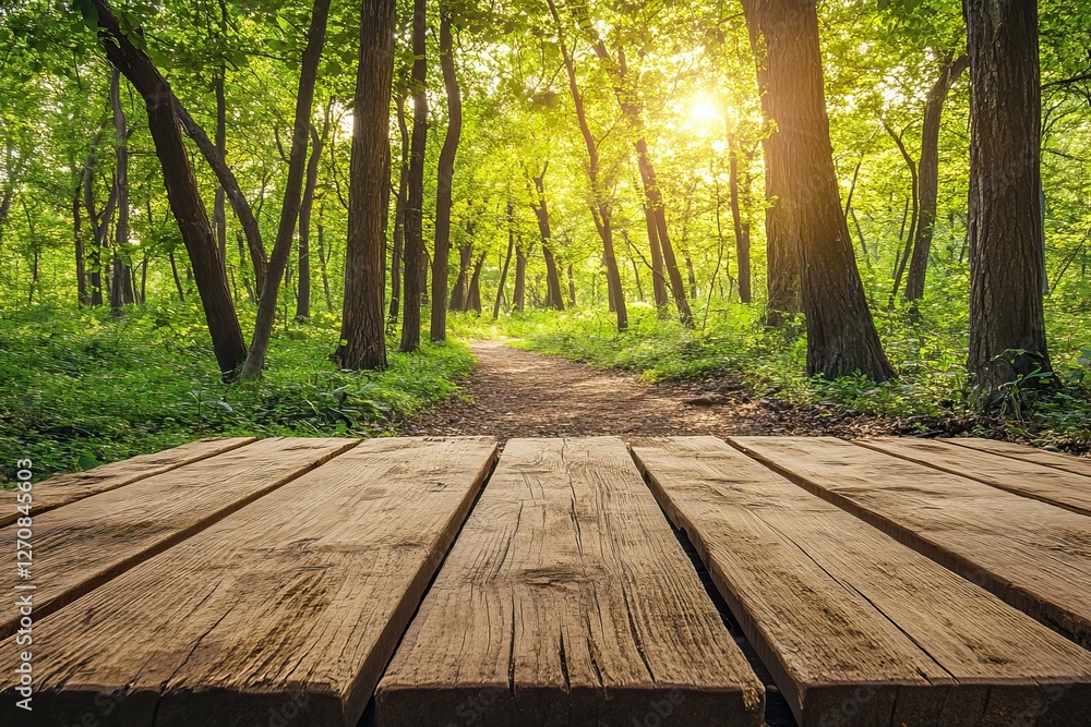 Sunny forest path, wooden table, nature background Sunny forest path, wooden table, nature background