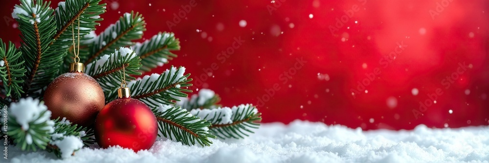 Snowy pine branches against red winter background, ornaments, snow, festive Snowy pine branches against red winter background, ornaments, snow, festive