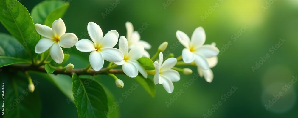 Fototapeta premium Softly falling petals of fresh white jasmine flowers on a green leafy branch, branch, flowerpower