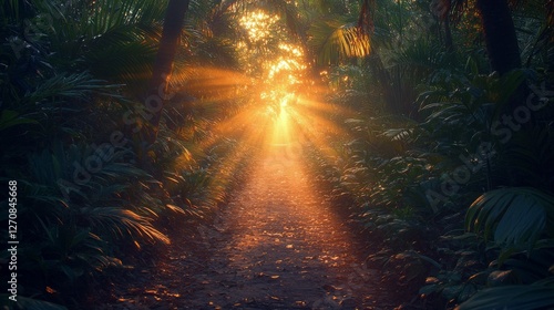 Sunlight streaming through a lush forest path at sunset creating a serene atm...