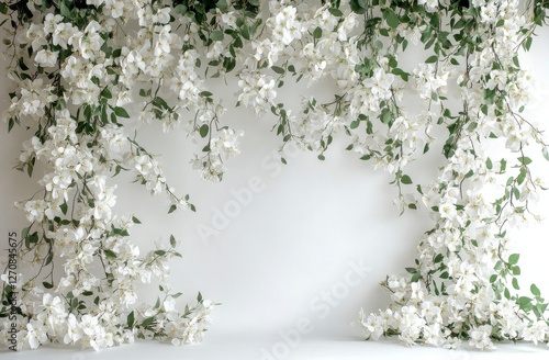 Elegant white floral backdrop with greenery for events and celebrations