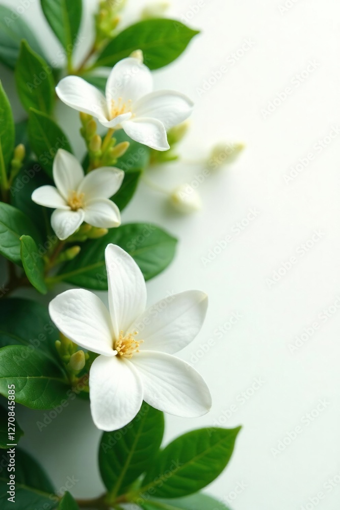 Fototapeta premium White background with separated crape jasmine leaves, foliage, crape jasmine