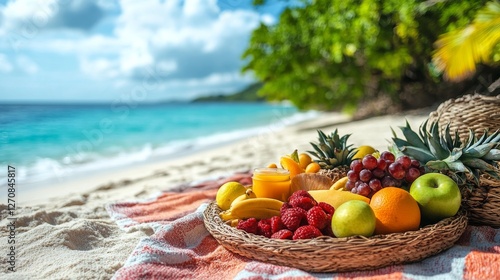 Fresh fruits in a woven basket on a sandy beach with ocean waves and bright b...