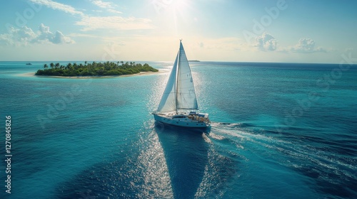 Sailboat navigating clear turquoise waters near a tropical island under a bri...