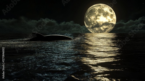 Dolphin swimming under a vibrant full moon over calm ocean waters at night