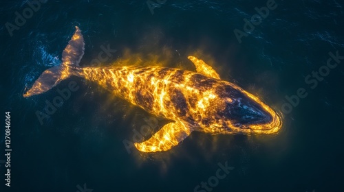 Whale swimming gracefully in illuminated waters at twilight near the coast