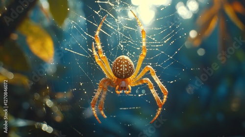 Spider spinning web in a lush tropical rainforest with raindrops and vibrant ...