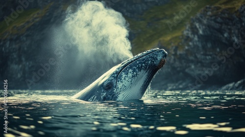 Humpback whale breaching in calm waters near rocky coastline at sunset