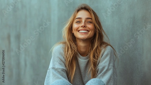 Smiling young woman with long hair sitting against a gray wall outdoors in ca...