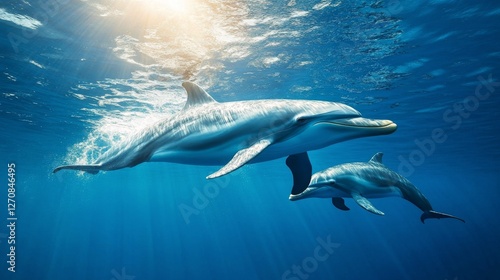 Dolphins swimming alongside a massive whale in clear blue waters during a sun...
