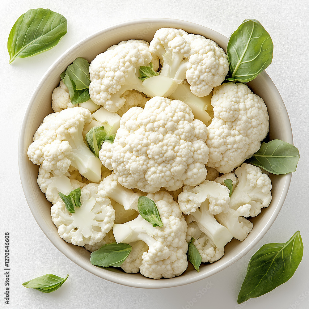 bowl of Cauliflower slices, top view, white background bowl of Cauliflower slices, top view, white background