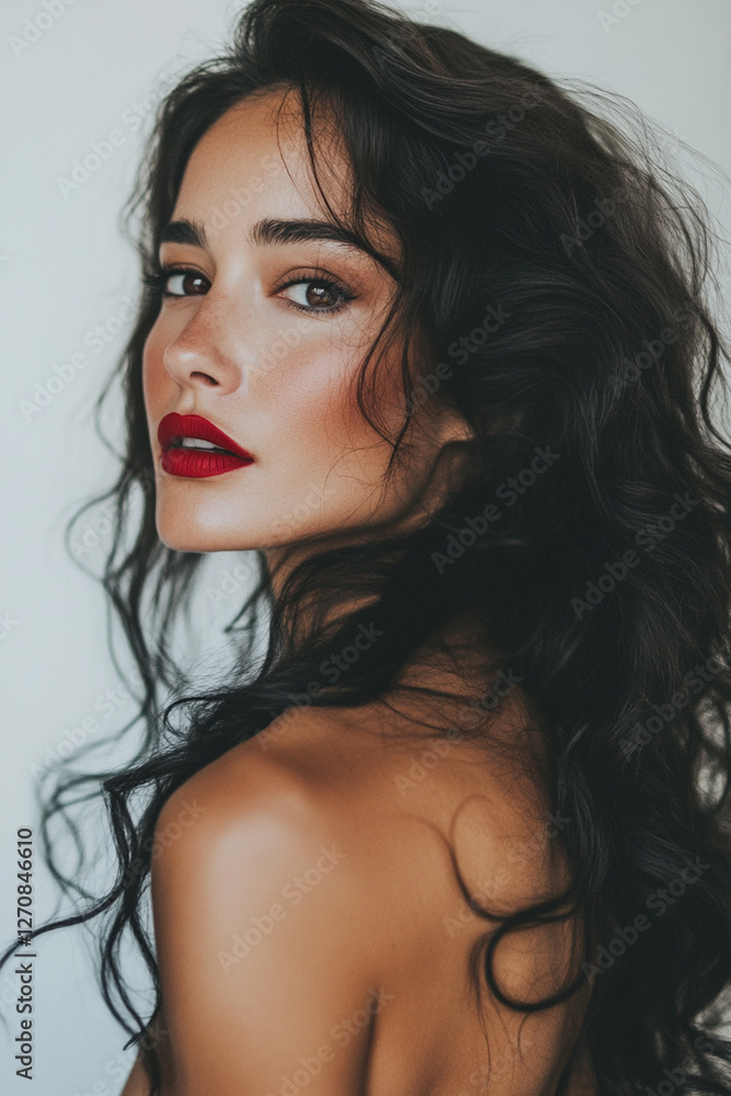 Woman with long curls and red lipstick looking over shoulder Woman with long curls and red lipstick looking over shoulder