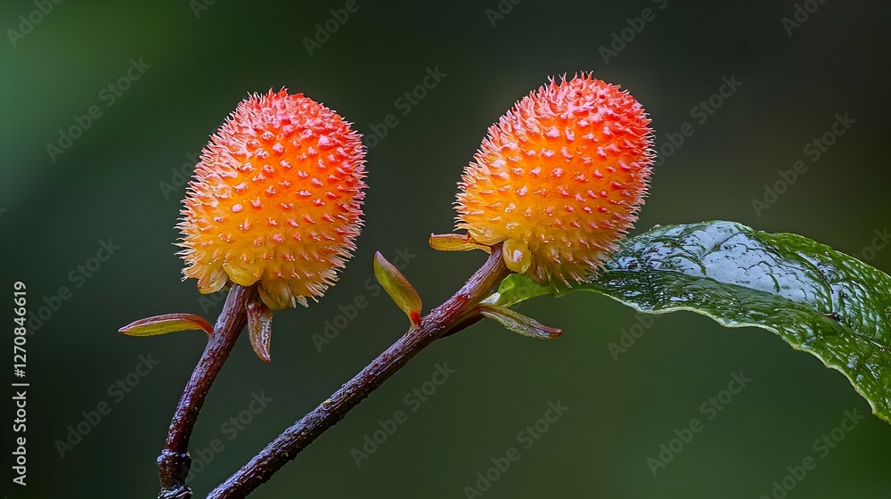 Close Up of Two Dew-Covered Red and Orange Berries on a Branch Close Up of Two Dew-Covered Red and Orange Berries on a Branch