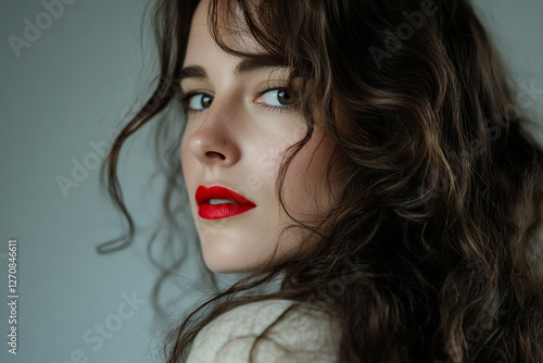 Woman with long curls and red lipstick looking over shoulder photo