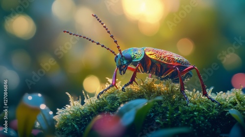 Colorful insect on lush moss with a shimmering background in a vibrant forest...