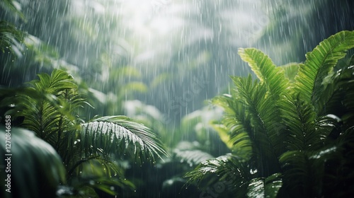 Lush rainforest bathed in sunlight during a gentle rain shower in the early m...