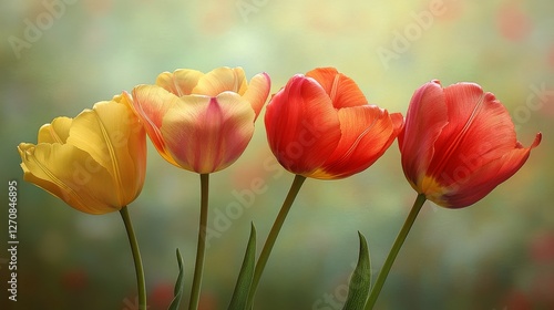 Colorful tulips bloom in a garden setting during springtime in soft evening l...