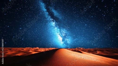 Starlit night over vast desert landscape with distant mountains in clear blue...