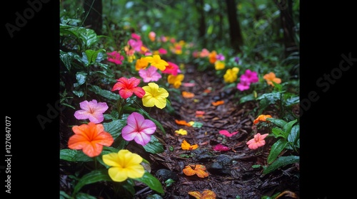 Colorful flowers lining a serene path through a lush forest during daytime