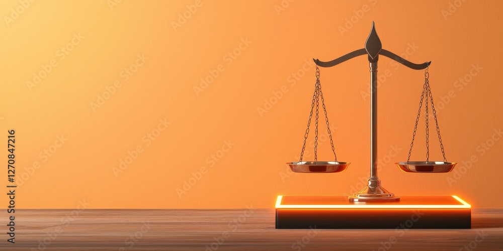 law restriction policy concept. Balance scale on an orange background with a wooden base.