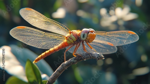Colorful dragonfly resting on a thin branch in a lush green environment durin...