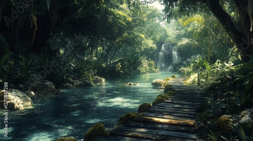 Lush tropical landscape with a serene pathway beside a clear blue stream and ...