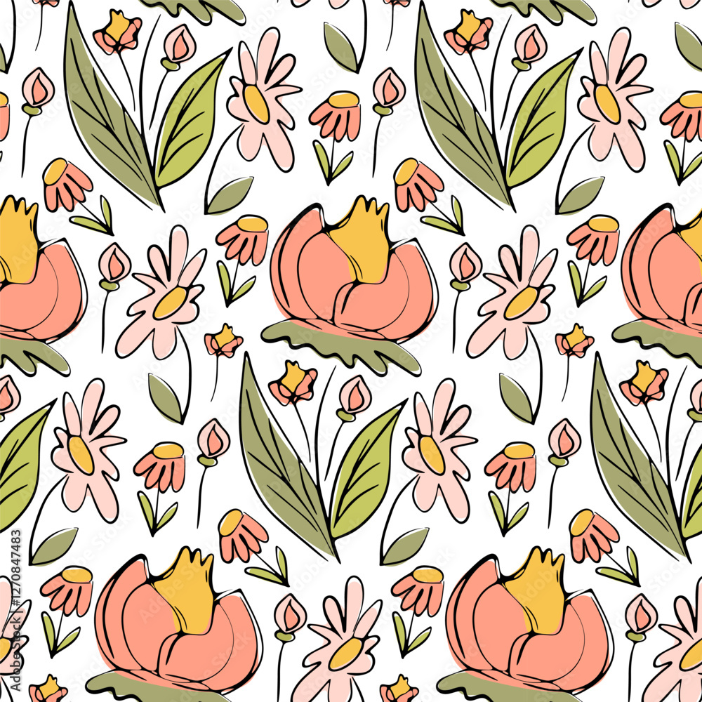 Hand-Drawn Floral Pattern with Delicate Flowers and Green Leaves in a Seamless Botanical Design on White Background Hand-Drawn Floral Pattern with Delicate Flowers and Green Leaves in a Seamless Botanical Design on White Background