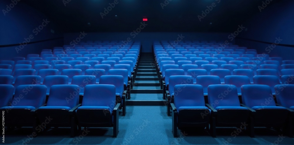 Fototapeta premium Empty blue seats scattered throughout the auditorium, silence, emptiness, dark corners
