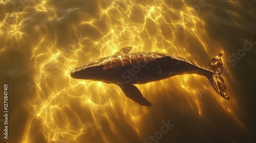 Whale swimming gracefully in illuminated waters at twilight near the coast