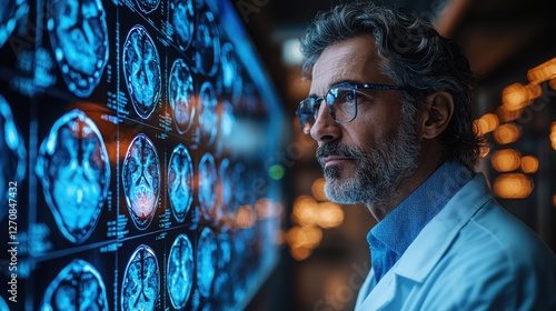 A middle-aged European doctor studies brain imaging on a digital screen. He appears thoughtful, reflecting on patient information.