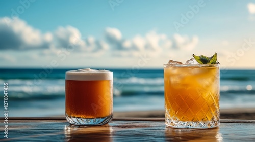 Refreshing cocktails on a beachside table with a scenic ocean view and vibran...