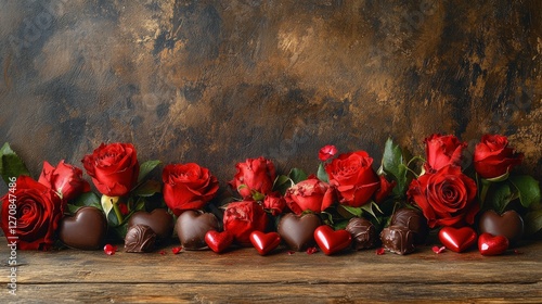 Valentine's Day decoration with red roses and chocolates on rustic wooden sur...