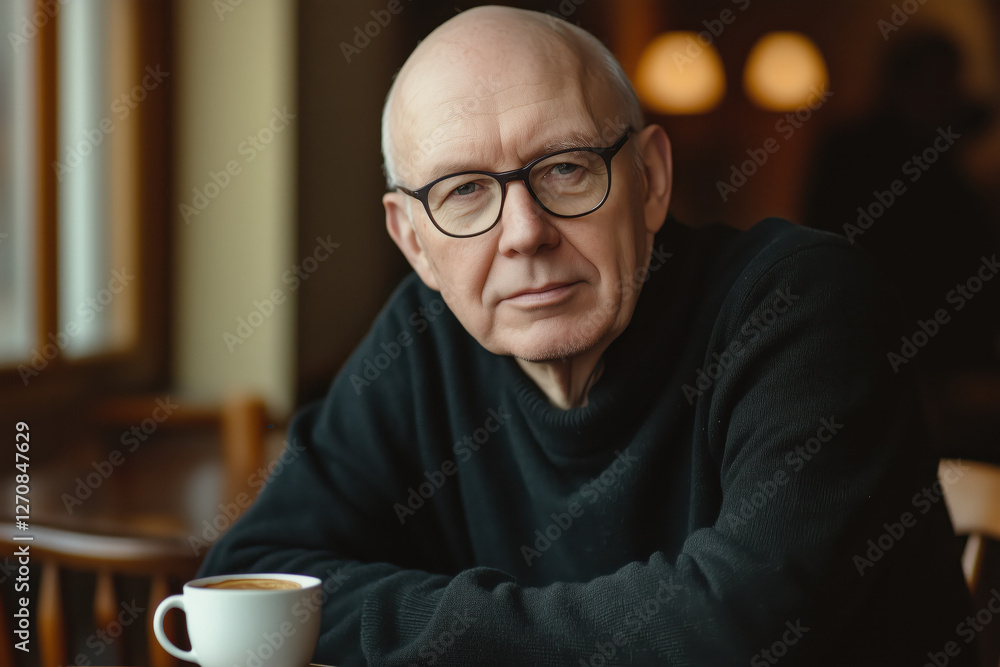 Elderly man with glasses enjoying coffee in a cozy café setting Elderly man with glasses enjoying coffee in a cozy café setting