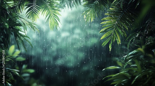 Rainfall on lush green leaves in a tranquil forest setting