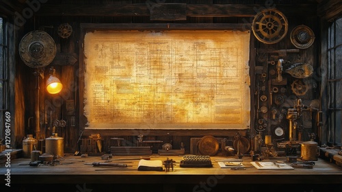 Vintage workshop filled with tools and gears, showcasing a steampunk aestheti...