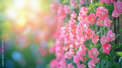 Vibrant pink flowers blooming along a wooden fence in a sunny garden setting