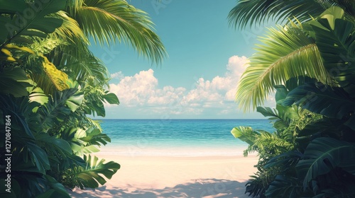 Serene beach view framed by lush foliage and mountains during a clear day in ...