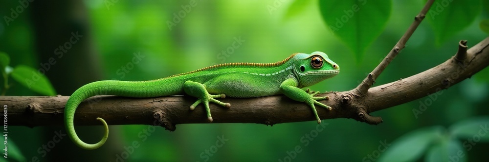 Naklejka premium Anoles resting on a branch with their long tails wrapped around the stem, forest dwellers, green iguana, arboreal life
