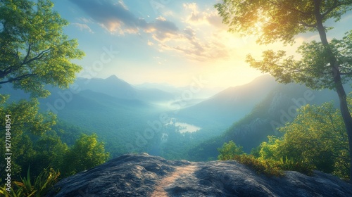 Breathtaking mountain view at sunrise with lush greenery and tranquil lake below