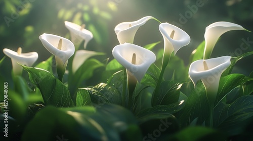 Calla lilies blooming in a lush garden with sunlight filtering through trees