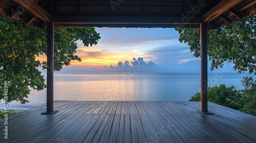 Relaxing ocean view with seating area and clear blue sky at a serene coastal ...