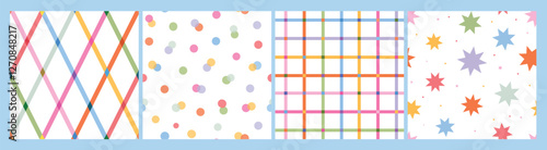 Nursery abstract seamless patterns collection with checkered stripes, dots, stars. Good for birthday prints, wallpaper, decor, planners, stationery, wrapping paper, textile prints, etc. EPS 10