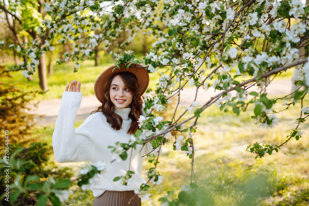 Happy woman enjoying scent in blooming spring garden. Youth, love, fashion, romantic and lifestyle concept Happy woman enjoying scent in blooming spring garden. Youth, love, fashion, romantic and lifestyle concept